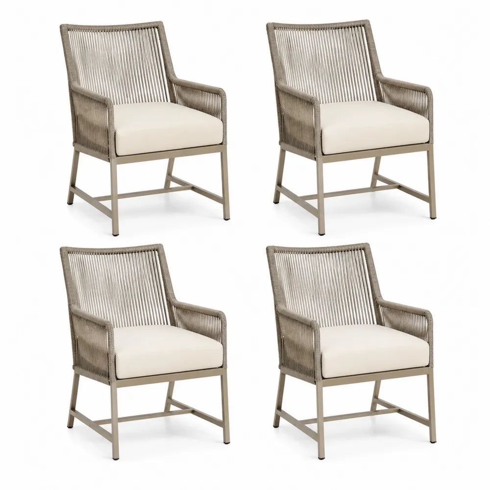 Gartenstuhl Set 4-teilig Armlehnstuhl 55 cm x 60 cm x 85 cm Aluminiumgestell Taupe Beige mit Sitzkissen und Seilgeflecht