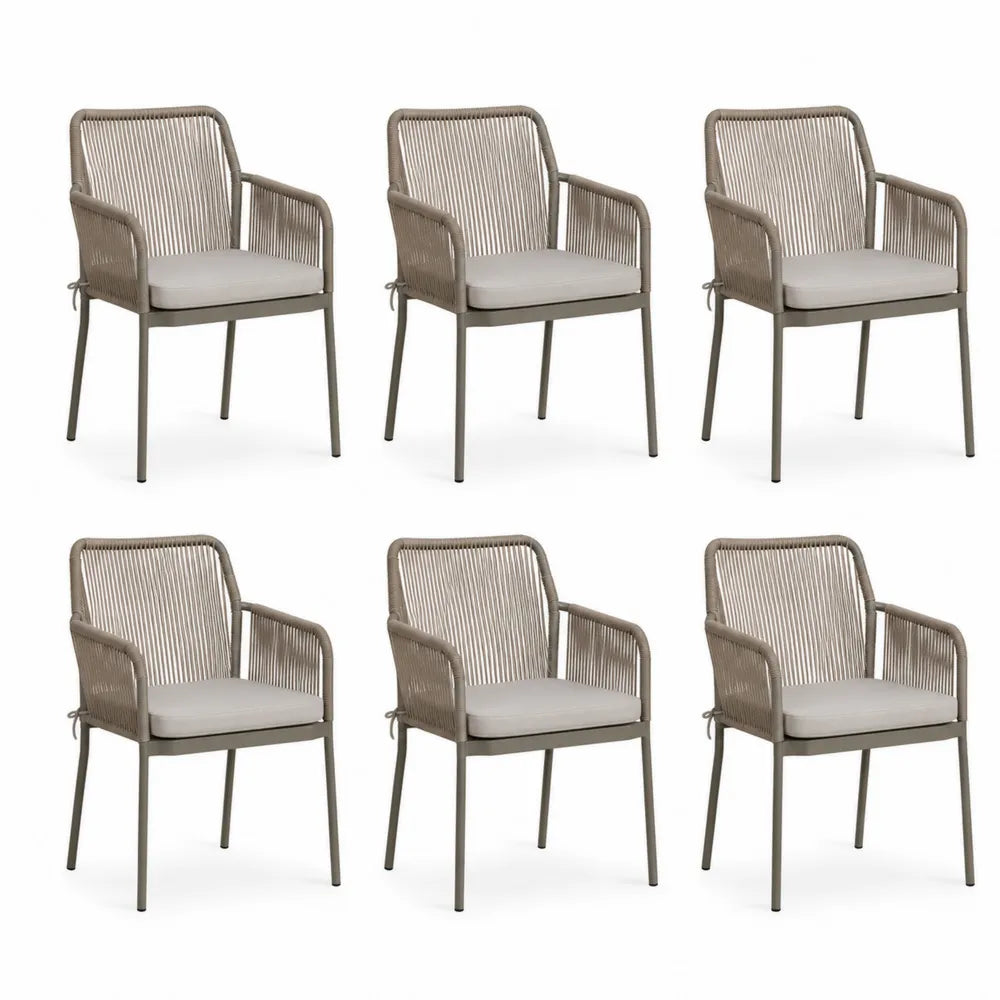 Gartenstuhl Set 6-teilig Armlehnenstuhl 55 cm Seilgeflecht Aluminiumgestell Taupe Beige mit Sitzkissen