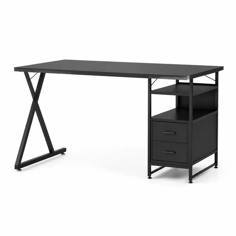 Schreibtisch mit Schubladen und Regalfächern Metallgestell Schwarz Holzwerkstoff 120 cm x 60 cm x 75 cm