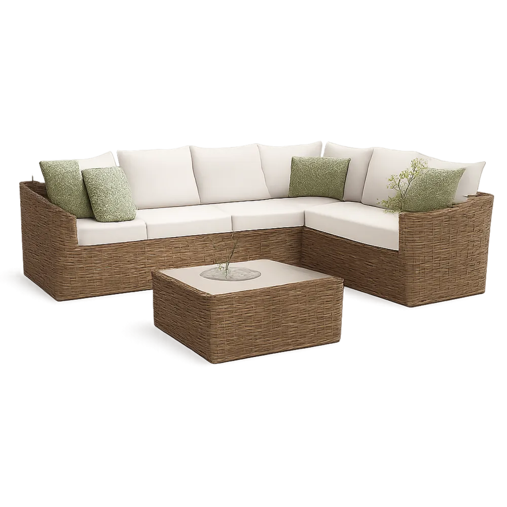 Gartensofa Lounge Set 2-teilig L-Form 260 cm x 190 cm x 70 cm Polyrattan Naturbraun Cremeweiß mit Couchtisch 90 cm x 60 cm x 35 cm Glasplatte