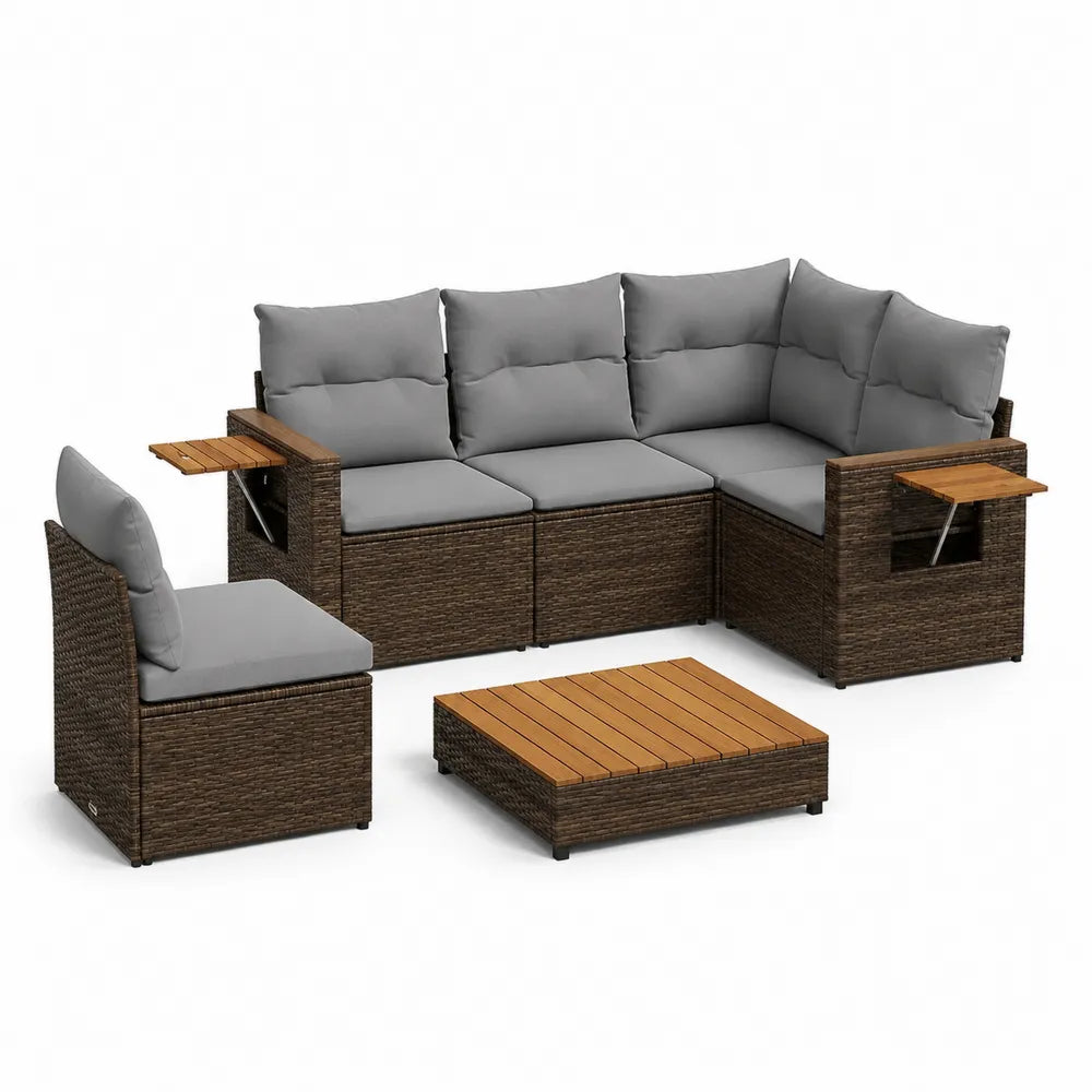 Garten Lounge Set L Form Sofa mit Sessel und Couchtisch Polyrattan Holzoptik Braun Grau Outdoor Gartenmöbel