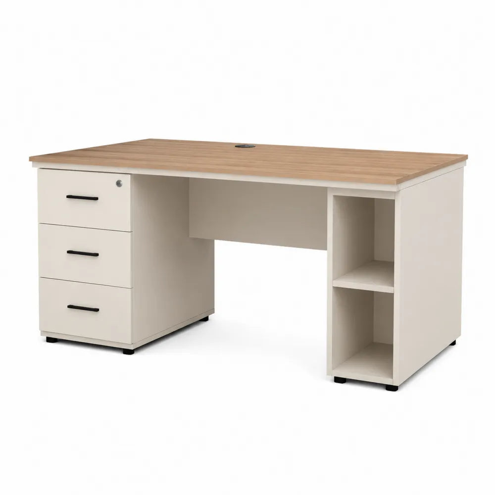 Schreibtisch mit Schubladen und seitlichem Regal MDF Holzwerkstoff rechteckig Naturholz Weiß 140 cm x 60 cm x 75 cm