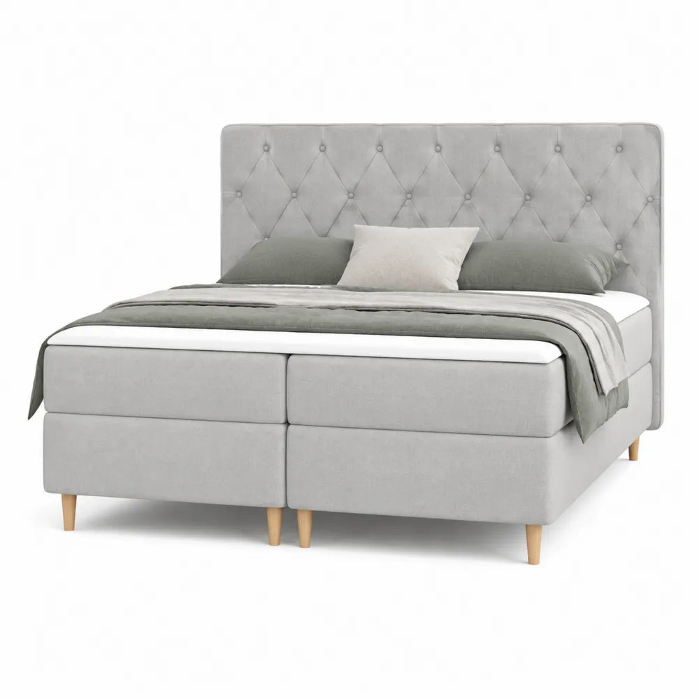Boxspringbett Stauraumbett 160 x 200 cm rechteckig Hellgrau Polyesterbezug Holzwerkstoff mit Knopf-Steppkopfteil und zwei Schubladen