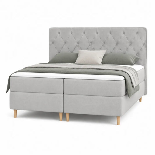 Boxspringbett Stauraumbett 160 x 200 cm rechteckig Hellgrau Polyesterbezug Holzwerkstoff mit Knopf-Steppkopfteil und zwei Schubladen