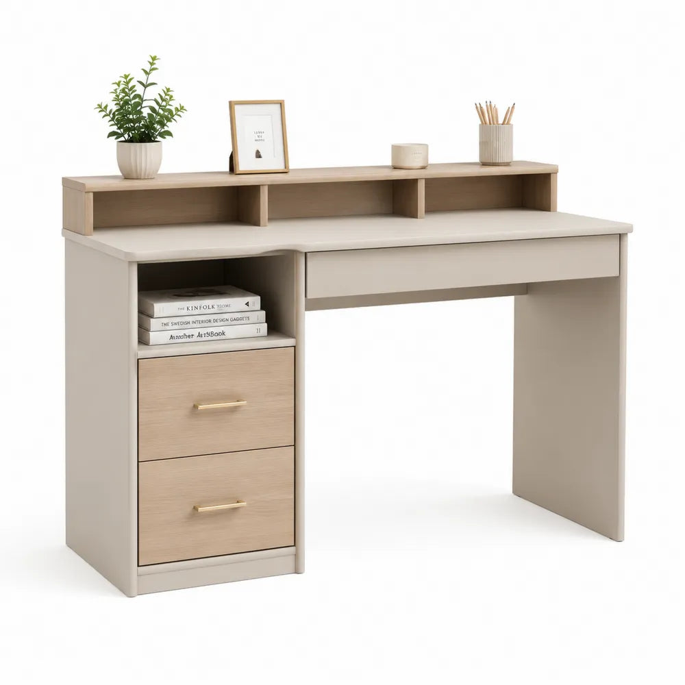 Schreibtisch mit Stauraum und Aufsatzregal rechteckig Holzwerkstoff Eiche Beige 120 cm x 55 cm x 120 cm