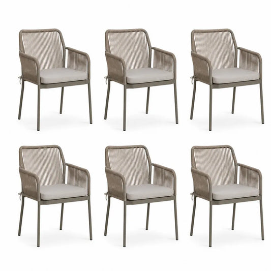 Gartenstuhl Set 6-teilig Armlehnenstuhl 55 cm Seilgeflecht Aluminiumgestell Taupe Beige mit Sitzkissen