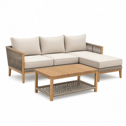 Gartensofa Set L-Form 240 x 160 x 70 cm Akazienholz PE-Rope Beige Holz Couchtisch 2-teilig