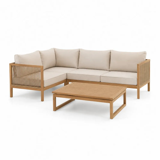 Gartensofa Lounge Set 3-teilig L-Form Sofa mit Couchtisch Holzgestell Seilgeflecht Beige Naturholz