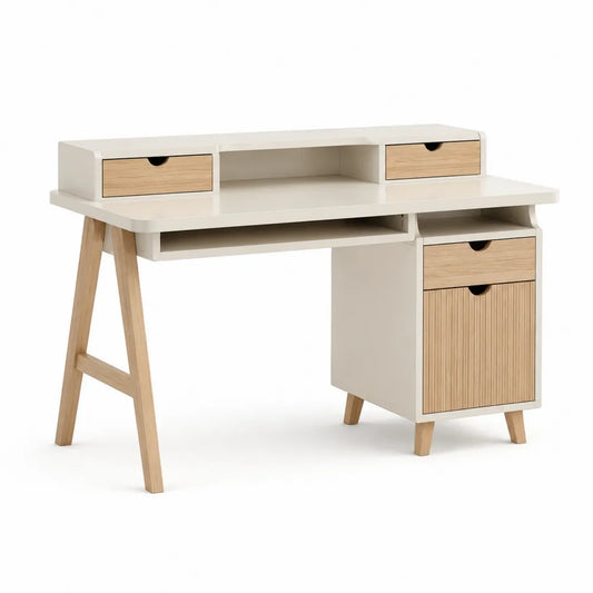Computerschreibtisch 120 x 55 x 90 cm MDF Spanplatte Weiß Eichenholzoptik Naturholz mit Schubladen und Ablage