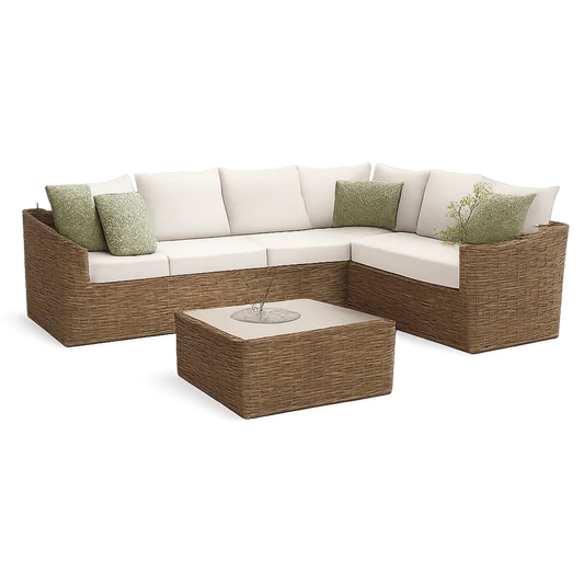 Gartensofa Lounge Set 2-teilig L-Form 260 cm x 190 cm x 70 cm Polyrattan Naturbraun Cremeweiß mit Couchtisch 90 cm x 60 cm x 35 cm Glasplatte