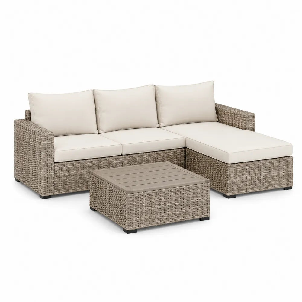 Garten Loungeset L Form Sofa mit Chaiselongue und Couchtisch 220 x 150 x 70 cm Polyrattan Aluminium Holz Beige Grau