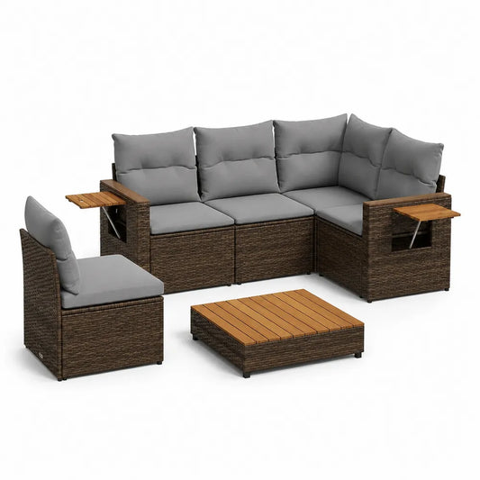 Garten Lounge Set L Form Sofa mit Sessel und Couchtisch Polyrattan Holzoptik Braun Grau Outdoor Gartenmöbel