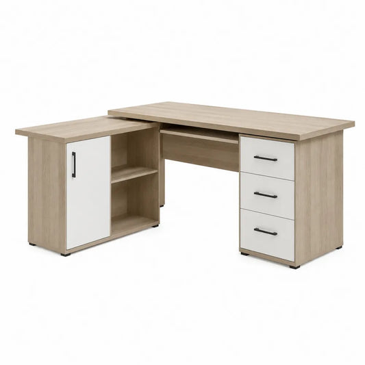 Schreibtisch L-Form mit Sideboard 3 Schubladen 1 Tür offenen Fächern Holzwerkstoff Naturholz Weiß 160 cm 120 cm 75 cm