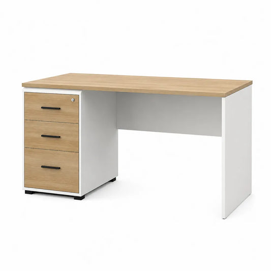 Schreibtisch rechteckig 140 x 60 x 75 cm Spanplatte Melaminbeschichtet Eichefarben Weiß Schwarz mit 3 Schubladen Schloss