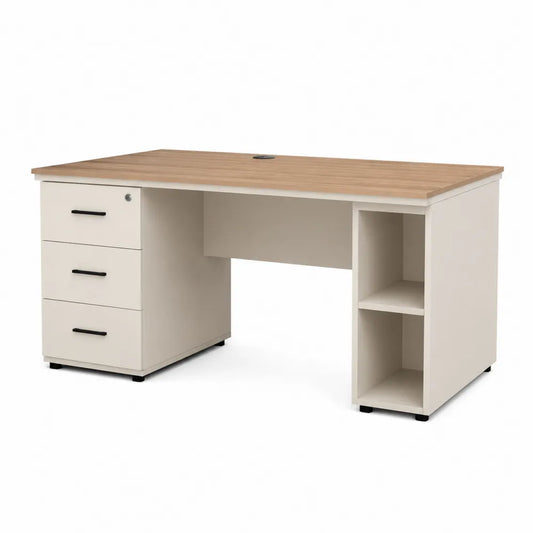 Schreibtisch mit Schubladen und seitlichem Regal MDF Holzwerkstoff rechteckig Naturholz Weiß 140 cm x 60 cm x 75 cm