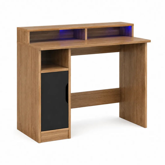 Schreibtisch mit Aufsatzregal und LED Beleuchtung Stauraum links 1 Tür MDF Holzwerkstoff Naturholz Schwarz 120 cm 50 cm 95 cm
