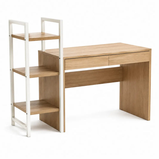 Schreibtisch mit seitlichem Regal und Schubladen rechteckig Holzwerkstoff Eiche Weiß 140 cm x 55 cm x 120 cm